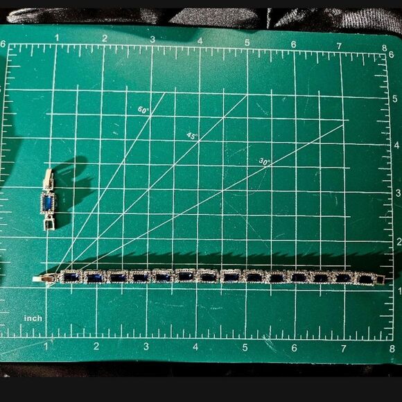 Blue Rectangular 5 mm Princess Cut Topaz Tennis Bracelet on 925 Silver - Picture 10 of 10